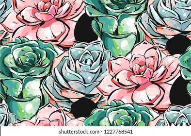 Handgezeichnete Vektorgrafik abstrakte Tinte Pinsel Grunge Zeichnung strukturiert handgefertigte Dekoration saftige Kakteen Blumen nahtloses Muster einzeln auf weißem Hintergrund