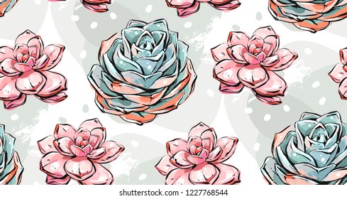 Hand drawn vector abstract ink brush grunge drawing textured crafted decoration succulent cacti flowers collage seamless pattern isolated on white background.