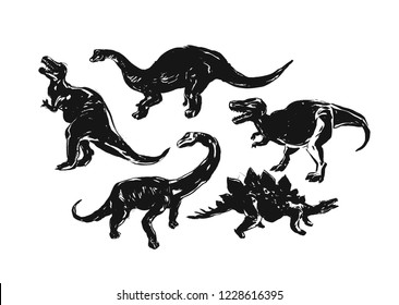 Hand drawn vector abstract ink brush grunge drawing textured crafted silhouette decoration illustrations collection set of dino isolated on white background