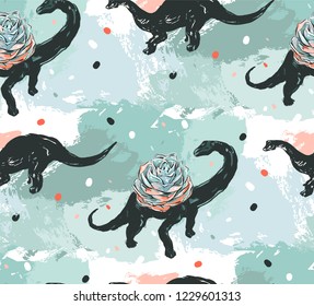 Hand drawn vector abstract ink brush grunge drawing textured crafted decoration succulent cacti flower in dino pots illustration seamless pattern with freehand textures isolated on white background