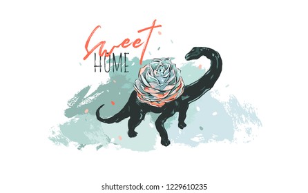 Hand drawn vector abstract ink brush grunge drawing textured succulent cacti flower in dino pot illustration with Sweet home text isolated on white background
