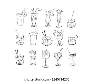 Hand drawn vector abstract ink graphic brush textured sketch drawing big collection set with alcoholic cocktails isolated on white background