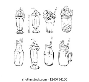 Hand drawn vector abstract ink graphic brush textured sketch drawing big collection set with lemonade,smoothie,coffee and dessert drinks cocktails isolated on white background