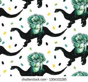 Hand drawn vector abstract ink brush grunge drawing textured crafted decoration succulent cacti flower in dino pot seamless pattern isolated on white background