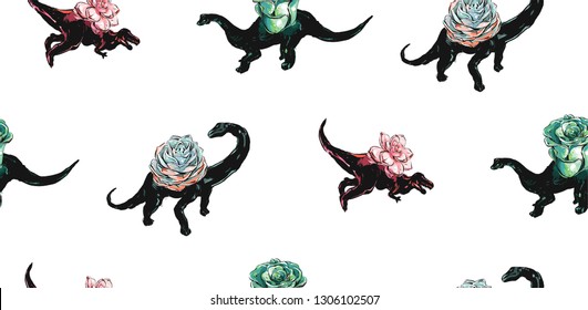 Hand drawn vector abstract ink brush grunge drawing textured crafted decoration succulent cacti flower in dino pot seamless pattern isolated on white background