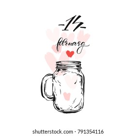Hand drawn vector abstract ink graphic greeting happy Valentines day illustrations invitation card template with glass jar,hearts and handwritten calligraphy in pink isolated on white background.
