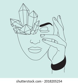Handgezeichnete, abstrakte Vektorgrafik mit weiblichem Logo, boho-weiblich mit Kristalllinie-Symbol im einfachen Stil für Branding, einzeln auf weißem Hintergrund.
