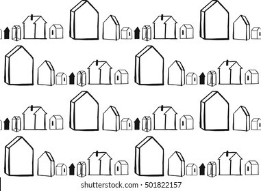 hand drawn vector abstract line graphic ink seamless pattern of scandinavian geometric carcass houses terrarium in black and white colors.Simple winter christmas home decor pattern.