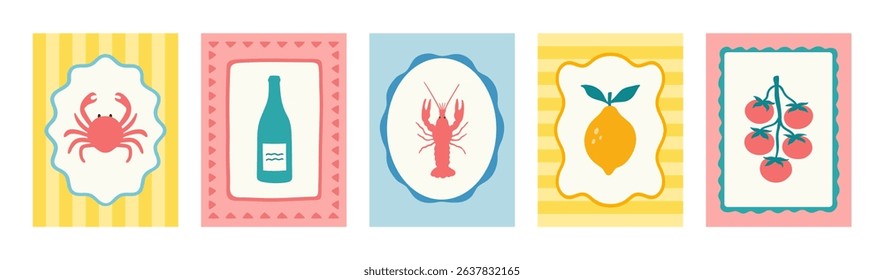 Hand drawn vector abstract marine food posters. Amalfi, dolce vita style