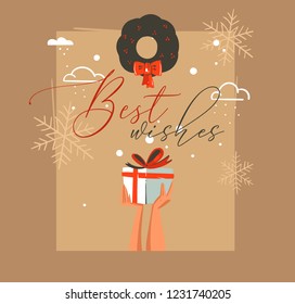 Hand drawn vector abstract Merry Christmas and Happy New Year time retro cartoon illustrations greeting card with people hands who holding surprise gift box and mistletoe isolated on craft background