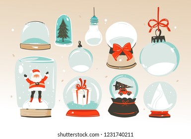 Hand Drawn Vector Abstract Merry Christmas And Happy New Year Time Big Cartoon Snow Globe Sphere Illustrations Collection Set Isolated On White Background