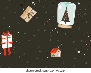 Hand drawn vector abstract Merry Christmas and Happy New Year time cartoon nordic seamless pattern with cute illustration of surprise gift boxes and kids characters isolated on black background