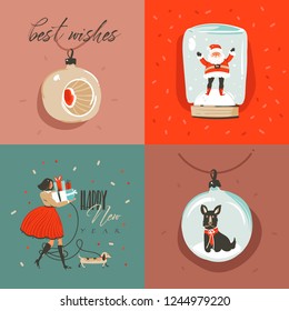 Hand drawn vector abstract Merry Christmas and Happy New Year time cartoon illustration greeting card with Santa Claus,xmas tree toys,people and Merry Christmas text isolated on colored background