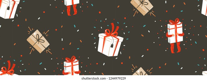 Hand drawn vector abstract Merry Christmas and Happy New Year time cartoon nordic seamless pattern with cute illustration of surprise gift boxes and kids characters isolated on black background