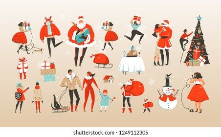 Hand drawn vector abstract Merry Christmas and Happy New Year cartoon illustrations greeting collection set with celebrating people characters,Santa Claus and xmas tree isolated on white background