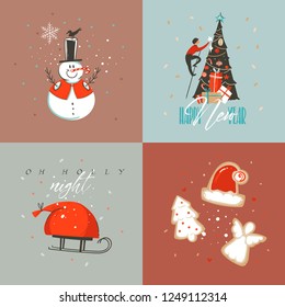 Hand drawn vector abstract Merry Christmas and Happy New Year cartoon illustration greeting cards collection set with snowman,xmas tree,people and Merry Christmas text isolated on colored background