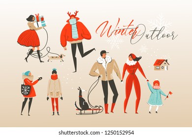 Hand drawn vector abstract Merry Christmas and Happy New Year cartoon illustrations greeting collection set with winter outdoor celebrating people characters isolated on white background