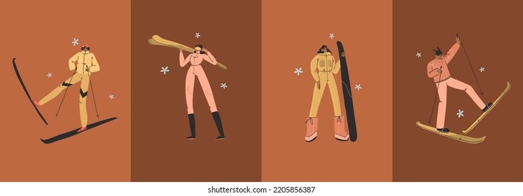 Hand drawn vector abstract Merry Christmas and Happy new year illustration of people characters.People in winter clothing cards set.Merry Christmas people card design.Winter holiday art collection.
