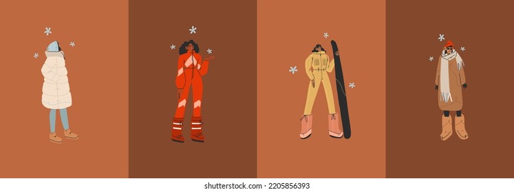Hand drawn vector abstract Merry Christmas and Happy new year illustration of people characters.People in winter clothing cards set.Merry Christmas people card design.Winter holiday art collection.