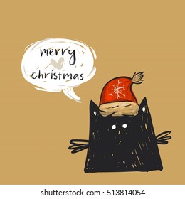 Hand drawn vector abstract Merry Christmas greeting card template with cute black cat in red Santa Claus hat character with speech bubble and modern calligraphy phase Merry Christmas.Happy New Year.