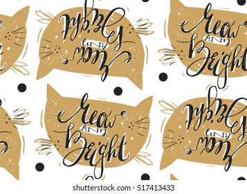 Hand drawn vector abstract Merry Christmas seamless pattern with cute modern calligraphy phase Meow and bright.Christmas poster,sign,label,banner,tag,postcard,decoration design