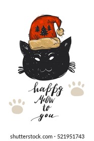 Hand drawn vector abstract Merry Christmas greeting card template with black cat character in red Santa Claus hat and modern calligraphy phase Happy Meow to you.Christmas poster,postcard,decoration