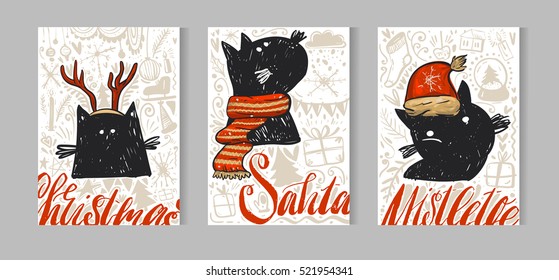 Hand drawn vector abstract Merry Christmas greeting card set with cute xmas black cats characters in winter clothing,Christmas ornaments and modern calligraphy phases isolated on white background.