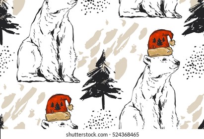 Hand drawn vector abstract Merry Christmas seamless pattern with North Pole white polar bear in red Santa hat and Christmas tree isolated on white background.Pattern for fabric and wrapping paper.