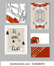 Hand drawn vector abstract Merry Christmas greeting cards template collection set with deer,Santa red hat and modern calligraphy phase All is calm all is bright.Unusual Christmas Journaling note pages
