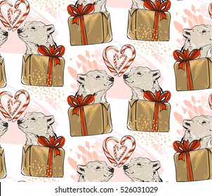 Hand drawn vector abstract Merry Christmas seamless pattern with North Pole white polar bear,holiday gift boxes and candy canes isolated on white background.Pattern for fabric and wrapping paper.