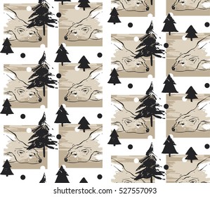 Hand drawn vector abstract Merry Christmas seamless pattern with North Pole white polar bears which lies on the snow isolated on pastel background.Pattern for fabric and wrapping paper.Journaling.
