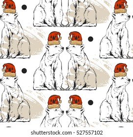 Hand drawn vector abstract Merry Christmas seamless pattern with North Pole white polar bears in red Santa hat isolated on white background.Pattern for fabric and wrapping paper.Journaling element.