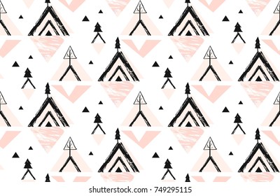 Hand drawn vector abstract Merry Christmas time rough bohemian freehand illustration seamless pattern with winter mountains nature and pines forest in pastel colors isolated on white background.