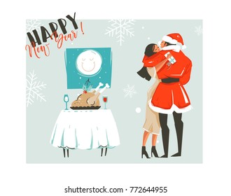 Hand drawn vector abstract Merry Christmas time cartoon retro vintage illustrations card with romantic couple who kissing and hugging,xmas dinner and Happy New Year text isolated on white background.