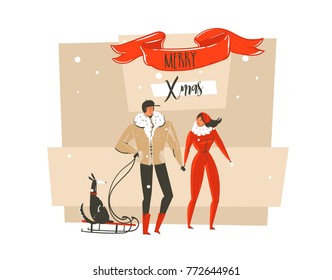 Hand drawn vector abstract Merry Christmas and Happy New Year cartoon illustrations greeting card with outdoor family people couple,dog on sleigh and modern typography isolated on white background.