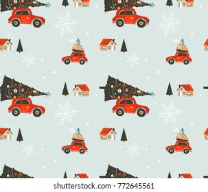 Hand drawn vector abstract Merry Christmas and Happy New Year time cartoon illustrations greeting seamless pattern with xmas tree,car,turkey plate and outdoor houses isolated on blue background.