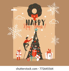 Hand drawn vector abstract Merry Christmas and Happy New Year time vintage cartoon illustrations greeting card template with family people decorated xmas tree isolated on brown background.