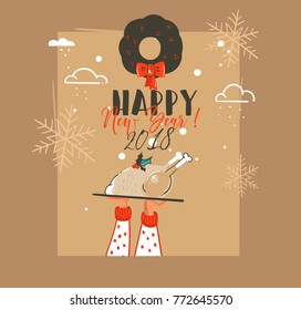 Hand drawn vector abstract Merry Christmas and Happy New Year time retro vintage cartoon illustrations greeting card with hand who holding turkey plate and mistletoe isolated on brown background.