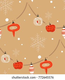 Hand drawn vector abstract Merry Christmas and Happy New Year time cartoon illustrations greeting seamless pattern with xmas tree retro vintage ball and baubles garland isolated on craft background.
