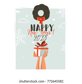 Hand drawn vector abstract Merry Christmas and Happy New Year time retro cartoon illustrations greeting card with people hands who holding surprise gift box and mistletoe isolated on blue background.