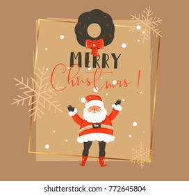 Hand drawn vector abstract Merry Christmas and Happy New Year time vintage cartoon illustrations greeting card template with Santa Claus,mistletoe wreath and typography isolated on brown background.