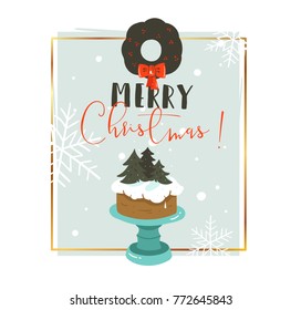 Hand drawn vector abstract Merry Christmas and Happy New Year time retro cartoon illustrations greeting card with cake stand design,mistletoe wreath and modern typography isolated on white background.