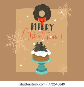 Hand drawn vector abstract Merry Christmas and Happy New Year time retro cartoon illustrations greeting card with cake stand design,mistletoe wreath and modern typography isolated on brown background.