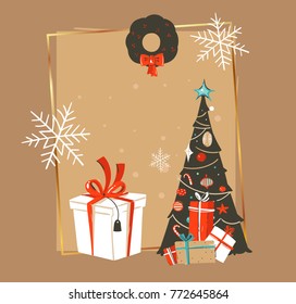 Hand drawn vector abstract Merry Christmas and Happy New Year time vintage cartoon illustrations greeting card template with xmas tree,gift box and place for your text isolated on brown background.