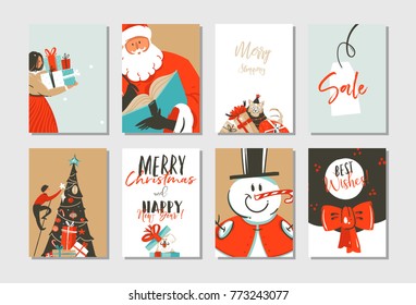 Hand drawn vector abstract Merry Christmas and Happy New Year time cartoon illustrations greeting cards template collection set with xmas tree,Santa Claus,snowman and dogs isolated on white background