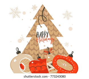 Hand drawn vector abstract Merry Christmas and Happy New Year time cartoon illustrations greeting header template with xmas tree bauble toys and typography text isolated on white background.