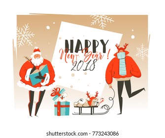 Hand drawn vector abstract Merry Christmas and Happy New Year time cartoon illustrations greeting card template with Santa Claus,deer and dogs on sleigh and in gift box isolated on white background.