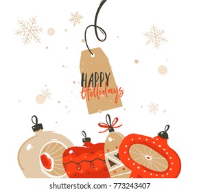 Hand drawn vector abstract Merry Christmas and Happy New Year time cartoon illustrations greeting header template with xmas tree bauble toys and typography text isolated on white background.