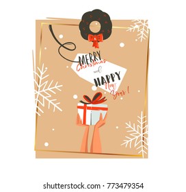 Hand drawn vector abstract Merry Christmas and Happy New Year time retro cartoon illustrations greeting card with people hands who holding surprise gift box and mistletoe isolated on white background.