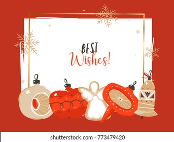 Hand drawn vector abstract Merry Christmas and Happy New Year time cartoon illustrations greeting header template with xmas tree bauble toys and typography text isolated on white background.